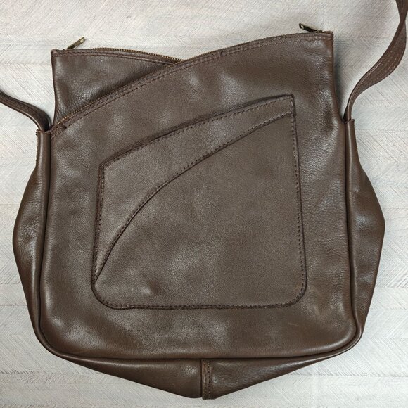 Vintage 60s Brown Genuine Leather Shoulder Bag Asymmetrical Boho Hippie - Picture 2 of 11